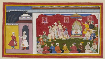 Add 15296 (1) f.8r, Dasaratha está sentado en su trono en pleno durbar, con Rama y Laksmana arrodillados a su lado, mientras el mensajero enviado por Bharata desde la corte de su abuelo le dice al rey Sitae cuán diligentemente están estudiando sus otros do de Indian School