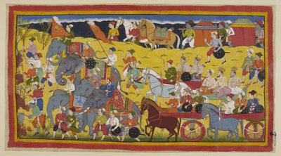 Add 15296 (1) f.97r, Los príncipes con sus gurús, ministros y ejército partieron hacia el bosque, precedidos por hombres que talaban los árboles para hacer un camino y por los elefantes reales. Dos literas transportan a las reinas, precedidas por dos cabal de Indian School