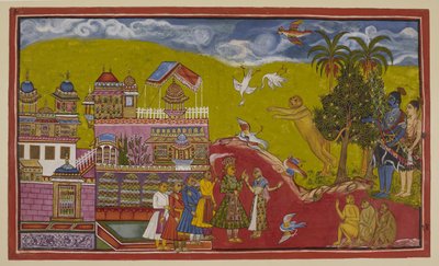 Añadir 15296 (2) f.14r, Sugriva y sus aliados han llegado al palacio de Bali en Kiskindha. Sugriva ruge su desafío con tal efecto que los pájaros caen del cielo asustados. Bali, su reina Tara y sus ministros han emergido al escuchar el alboroto. el de Indian School