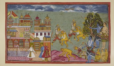 Añade 15296 (2) f.18r, Fuera del palacio, Sugriva y Bali se golpean furiosamente con los puños y las uñas y luego arrancan árboles y rocas, pero Bali es el más fuerte y poco a poco Sugriva se ve obligado a ceder terreno. Cuando Rama ve que Sugriva está per de Indian School