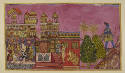 Add 15296 (2) f.27r, Sugriva se instala como rey en el palacio y Angada como príncipe heredero y heredero del reino de Kiskindha, con Laksmana presente, mientras que Rama se retira al Monte Prasravana para pasar allí la temporada de lluvias. de Indian School