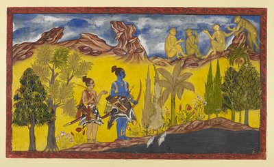 Add 15296 (2) f.2r, En su búsqueda desesperada de la secuestrada Sita, Rama y Laksmana han llegado al lago Pampa, que está cubierto de lotos y rodeado de árboles en flor. Es la temporada de primavera y a Rama se le recuerda continuamente por el apareamient de Indian School