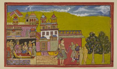 Add 15296 (2) f.34r, Laksmana, todavía a las puertas de Kiskindha, es recibido por los ministros de Sugriva, mientras que dentro del palacio, Sugriva es aconsejado por sus ministros y Tara. de Indian School