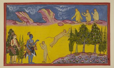 Add 15296 (2) f.3r, Sugriva se asusta al principio, pensando que estos guerreros armados han sido enviados por su hermano usurpador Bali para destruirlo. Envía a su sagaz ministro Hanuman para averiguar más sobre los dos extraños. Hanuman se presenta de Indian School