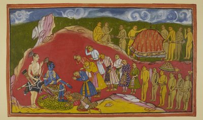 Add 15296 (2) f.44r, Rama sentado en un asiento de pétalos de loto en su cueva, con Laksmana de pie a su lado, se regocija al ver el vasto ejército de monos que Sugriva ha traído consigo. Sugriva cae a los pies de Rama y los ministros mono también respetan de Indian School
