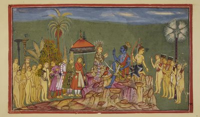 Add 15296 (2) f.56r, Rama le pregunta a Sugriva, quien previamente había descrito las cuatro partes del mundo, cómo llegó a conocerlas tan bien. Sugriva le dice que su hermano Ba lo persiguió a través de los cuatro cuartos. de Indian School