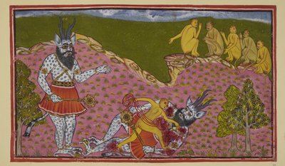 Add 15296 (2) f.59r, Los monos que fueron al sur, incluidos Hanuman y Angada, se encuentran con un enorme asura (demonio), azul y escamoso, con cuernos y una maza. Pensando que es Ravana, Angada lo tira al suelo y lo destripa, mientras los otros monos obse de Indian School