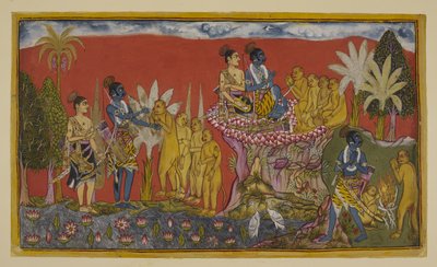 Agregue 15296 (2) f.5r, Hanuman ahora lleva a Rama y Laksmana a la presencia de Sugriva en la montaña. Rama y Sugriva se dan la mano en señal de su voto de amistad, observados por Laksmana y los otros monos; y luego, con un espíritu similar, los dos camina de Indian School