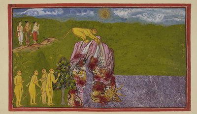 Add 15296 (2) f.81r, En las orillas del gran océano, los monos estaban consternados de cómo podrían cruzarlo para llegar a La?k?. Angada les preguntó a todos qué tan lejos podían saltar, pero ninguno confiaba en saltar tan lejos, hasta que Jambavan instó a de Indian School