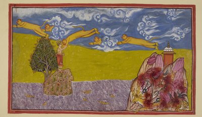 Add 15296 (2) f.84r, Sin desanimarse por la anchura del océano, Hanuman se hincha hasta alcanzar un tamaño inmenso y, utilizando la montaña Mahendra, aún en llamas, como plataforma de lanzamiento, se lanza al espacio y cruza el océano hasta el reino insula de Indian School
