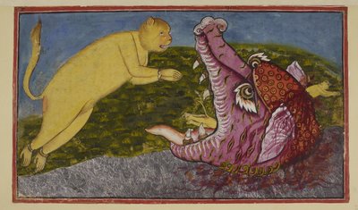 Add 15296 (2) f.86r, La madre de las serpientes Surasa, que mora en el fondo del océano, presionada por los dioses para probar a Hanuman, se ha convertido en un gran monstruo marino con poderosas fauces, rojas, púrpura y con colmillos. No importa cuán anch de Indian School