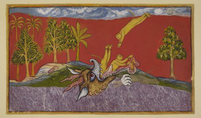 Add 15296 (2) f.87r, Hanuman se sumerge en la boca del demonio Siṃhika de Indian School