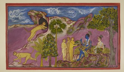 Add 15296 (2) f.9r, Sugriva le dice a Rama que ha visto a Sita siendo llevada en un carro por Ravana, luchando y gritando los nombres de Rama y Laksmana. Al verlo abajo, dejó caer sus joyas y una prenda superior. Sugriva corre hacia una cueva en de Indian School