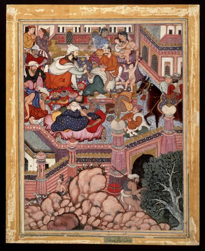 Amr, Disfrazado de Mazmahil el Cirujano, Practica la Charlatanería en los Hechiceros de Antali, ca. 1570 de Indian School