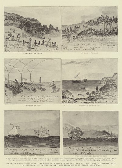 Autobiografía de un esclavo indio, facsímiles de una serie de bocetos realizados por "Billy King", un esclavo liberado, para ilustrar su captura, cautiverio y liberación por un barco de guerra inglés de Indian School