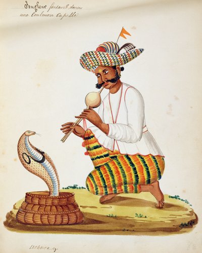 Un encantador de serpientes indio con una cobra, de un álbum francés de dibujos de Indian School