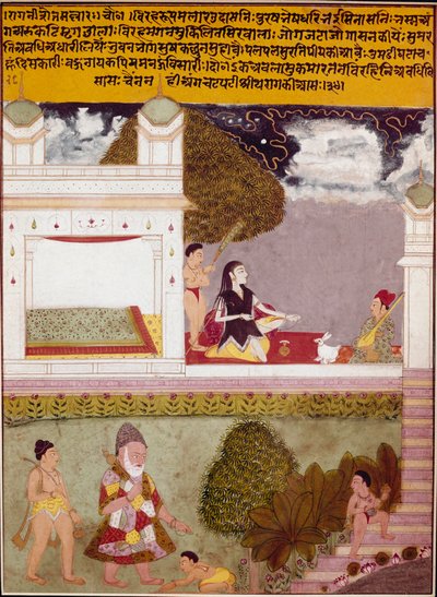 Un asceta escucha música en la terraza de un palacio Miniatura de la escuela india, circa 1760. Colección privada de Indian School