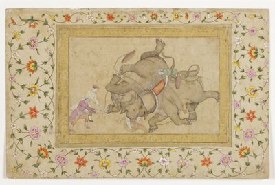 Combate de elefantes, con borde de arabesco floral de Indian School