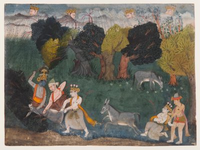 Balarama mata al demonio del culo, página de una serie dispersa del Bhagavata Purana, c.1725 (acuarela opaca y plata sobre papel) de Indian School