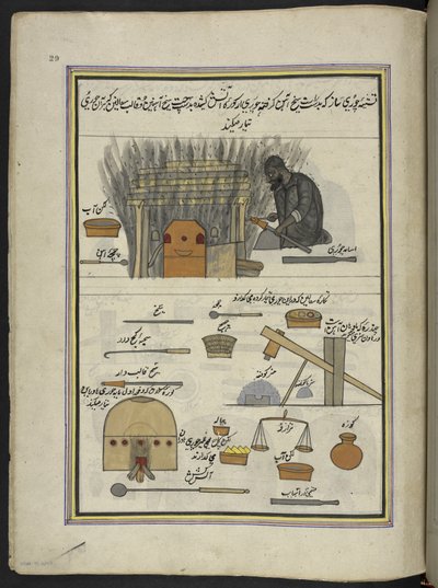 fabricante de brazaletes,  86 dibujos encuadernados en un volumen que representa oficios y ocupaciones en Cachemira, se muestra a los artesanos trabajando con sus implementos y equipos,  Por un artista de Cachemira, probablemente en Srinagar, c.1850-60 (go de Indian School