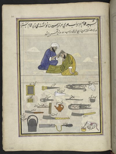 Barbero,  86 dibujos encuadernados en un volumen que representa oficios y ocupaciones en Cachemira, se muestra a los artesanos trabajando con sus implementos y equipos,  Por un artista de Cachemira, probablemente en Srinagar, c.1850-60 (gouache sobre papel de Indian School