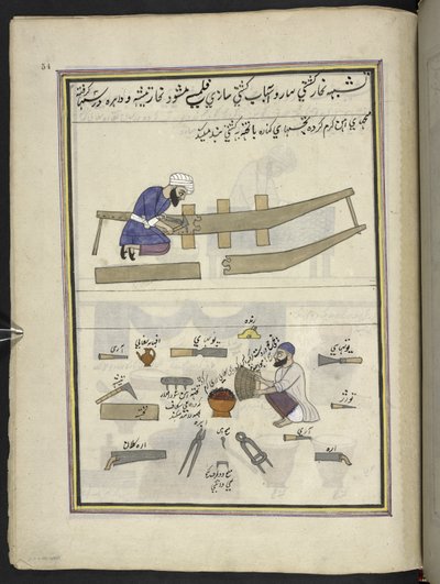 constructores de barcos,  86 dibujos encuadernados en un volumen que representa oficios y ocupaciones en Cachemira, se muestra a los artesanos trabajando con sus implementos y equipos,  Por un artista de Cachemira, probablemente en Srinagar, c.1850-60 (gou de Indian School