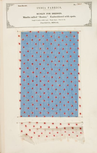 Muestra de muselina Bootee bordada con puntos de Dacca en Bengala, de La Colección de los Fabricantes de Textiles de la India, por John Forbes Watson, publicada en 1866 de Indian School