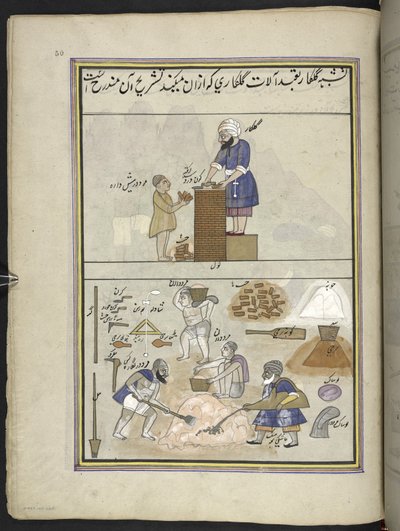 albañiles,  86 dibujos encuadernados en un volumen que representa oficios y ocupaciones en Cachemira, se muestra a los artesanos trabajando con sus implementos y equipos,  Por un artista de Cachemira, probablemente en Srinagar, c.1850-60 (gouache sobre pap de Indian School