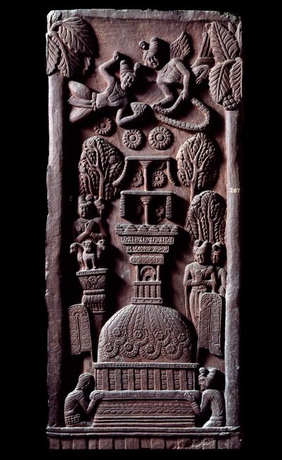 Budismo: “Mahaparinirvana, fin de la existencia terrenal del Buda, alcanzando el nirvana” (detalle) del stupa de Bharhut. Bajorrelieve de piedra negra, siglo II a.C. Kolkata, Museo Indio de Indian School