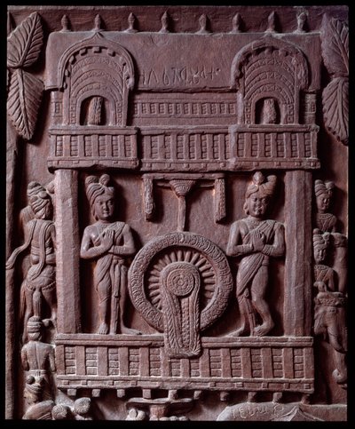 Budismo: “Última visita de Prasenjit a Buda” (detalle) del stupa de Bharhut. Bajorrelieve de piedra negra, siglo II a.C. Kolkata, Museo Indio de Indian School