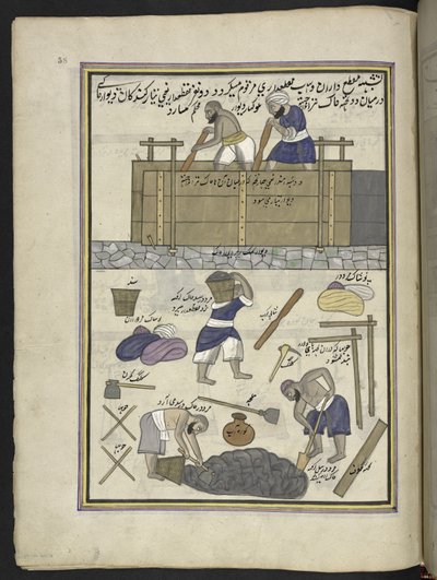 constructor de paredes de barro,  86 dibujos encuadernados en un volumen que representa oficios y ocupaciones en Cachemira, se muestra a los artesanos trabajando con sus implementos y equipos,  Por un artista de Cachemira, probablemente en Srinagar, c.1850 de Indian School