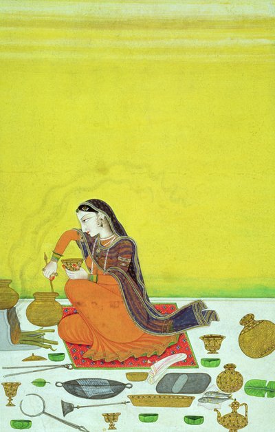 Una dama prepara una comida, miniatura de una serie Bhagavata Purana, Kangra, c.1810 de Indian School