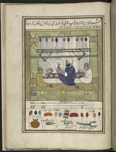 fabricantes de alfombras,  86 dibujos encuadernados en un volumen que representa oficios y ocupaciones en Cachemira, se muestra a los artesanos trabajando con sus implementos y equipos,  Por un artista de Cachemira, probablemente en Srinagar, c.1850-60 (go de Indian School
