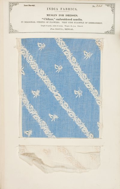 Muestra de muselina bordada Chikan de Dacca en Bengala, de La Colección de los Fabricantes de Textiles de la India, por John Forbes Watson, publicada en 1866 de Indian School