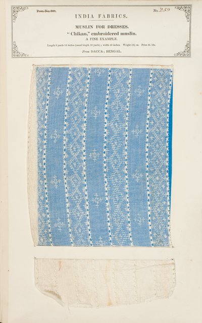 Muestra de muselina bordada Chikan de Dacca en Bengala, de La Colección de los Fabricantes de Textiles de la India, por John Forbes Watson, publicada en 1866 de Indian School