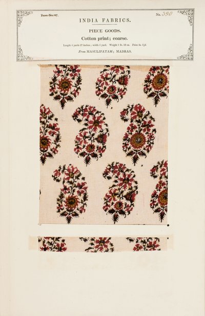 Muestra de algodón grueso estampado de Masulipatam en Madrás, de La Colección de los Fabricantes de Textiles de la India, por John Forbes Watson, publicada en 1866 de Indian School