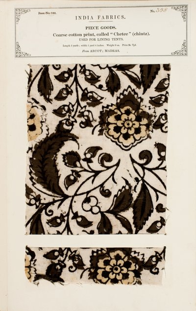 Muestra de algodón grueso con patrón chetee (chintz) de Arcot en Madrás, de La Colección de los Fabricantes de Textiles de la India, por John Forbes Watson, publicada en 1866 de Indian School