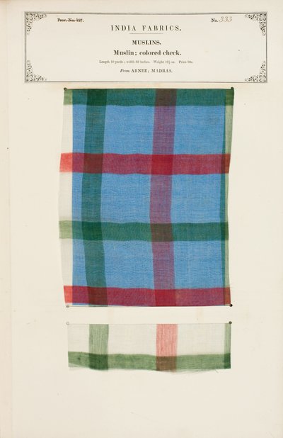 Muestra de muselina a cuadros de colores de Arnee en Madrás, de La Colección de los Fabricantes de Textiles de la India, por John Forbes Watson, publicada en 1866 de Indian School