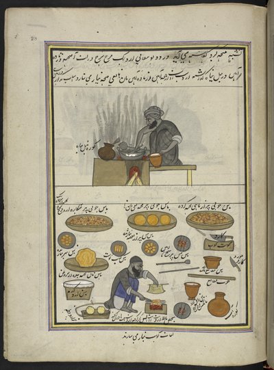 Preparadores de alimentos cocinados y kebab,  86 dibujos encuadernados en un volumen que representa oficios y ocupaciones en Cachemira, se muestra a los artesanos trabajando con sus implementos y equipos,  Por un artista de Cachemira, probablemente en Srin de Indian School
