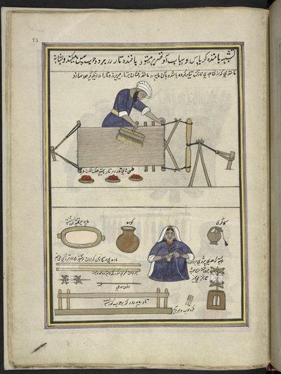Cotton-weaver peinando una urdimbre; mujer tambaleándose algodón,  86 dibujos encuadernados en un volumen que representa oficios y ocupaciones en Cachemira, se muestra a los artesanos trabajando con sus implementos y equipos,  Por un artista de Cachemira,  de Indian School