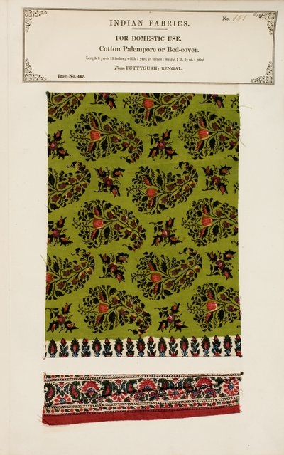 Muestra de palampore o cubrecama de algodón de Futtygurgh en Bengala, de La Colección de los Fabricantes de Textiles de la India, por John Forbes Watson, publicada en 1866 de Indian School