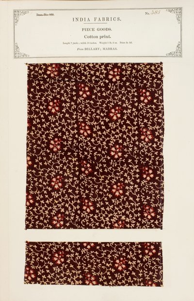 Muestra de algodón estampado de Bellary en Madrás, de La Colección de los Fabricantes de Textiles de la India, por John Forbes Watson, publicada en 1866 de Indian School