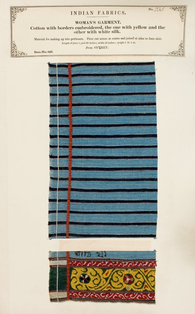 Muestra de algodón bordado con seda blanca y amarilla de Sylhet, de La Colección de los Fabricantes de Textiles de la India, por John Forbes Watson, publicada en 1866 de Indian School