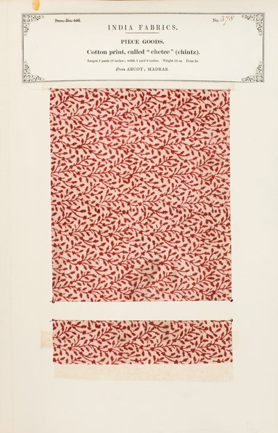 Muestra de algodón con estampado chetee (chintz) de Arcot en Madrás, de La Colección de los Fabricantes de Textiles de la India, por John Forbes Watson, publicada en 1866 de Indian School