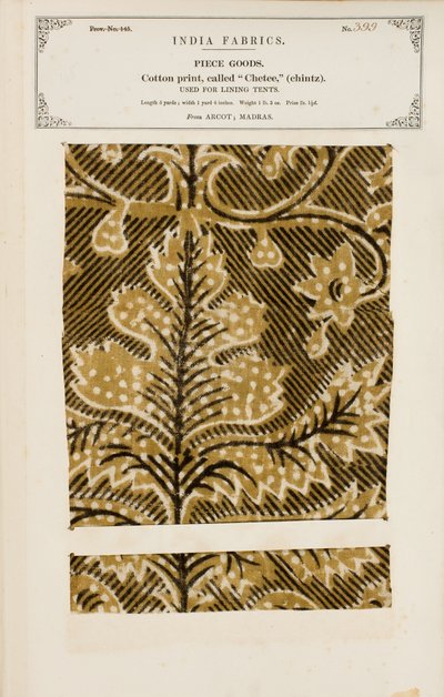 Muestra de algodón con estampado chetee (chintz) de Arcot en Madrás, de La Colección de los Fabricantes de Textiles de la India, por John Forbes Watson, publicada en 1866 de Indian School