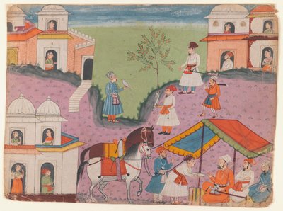 Escapadas de cortesanos, página de una serie narrativa no identificada, c.1670 de Indian School