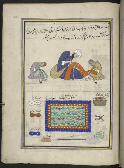 Artesanos bordando alfombras de fieltro ‘(namda),’  86 dibujos encuadernados en un volumen que representa oficios y ocupaciones en Cachemira, se muestra a los artesanos trabajando con sus implementos y equipos,  Por un artista de Cachemira, probablemente e de Indian School