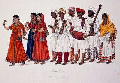 Bailarinas y músicos, c.1828 (litografia en color) de Indian School