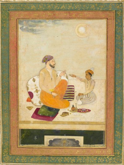 Dara Shikoh ofreciendo una copa de vino a Shah Jahan (tinta y color sobre papel) de Indian School