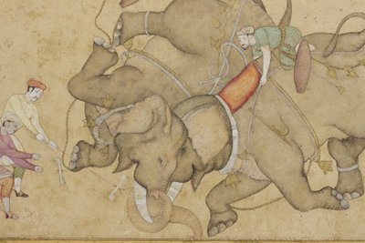 (detalle) Combate de elefantes, con borde de arabesco floral de Indian School